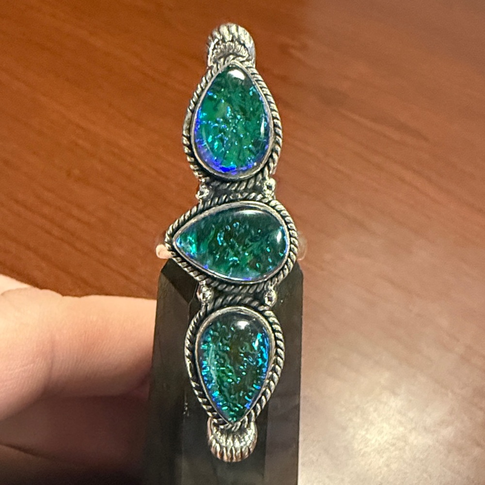 Turquoise Opal & 925 Sterling Silver 3 Stone Ring - Size 7.